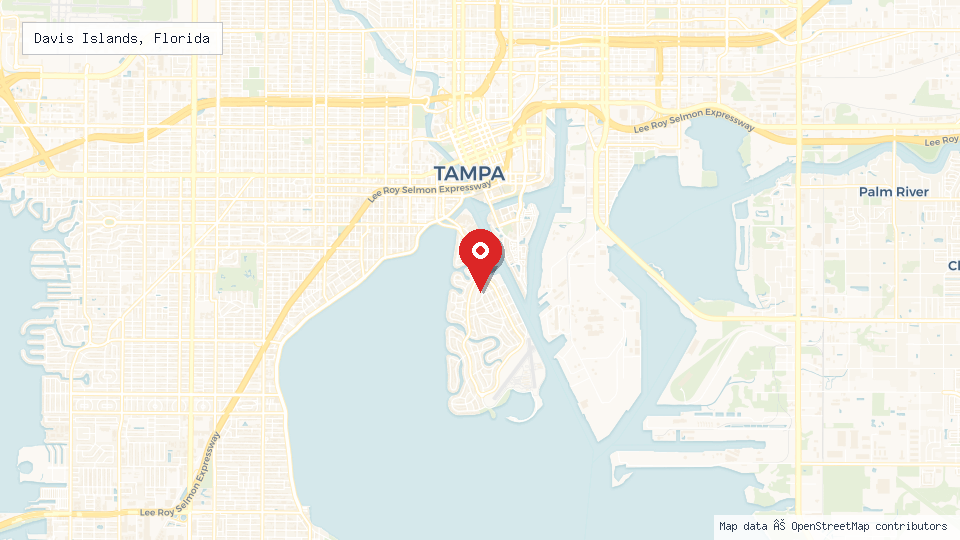 Street map of Davis Islands, Florida with location pin