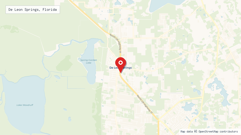 Street map of De Leon Springs, Florida with location pin