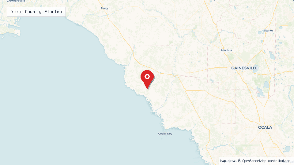 Street map of Dixie County, Florida with location pin