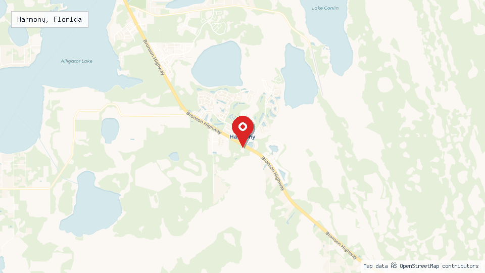 Street map of Harmony, Florida with location pin