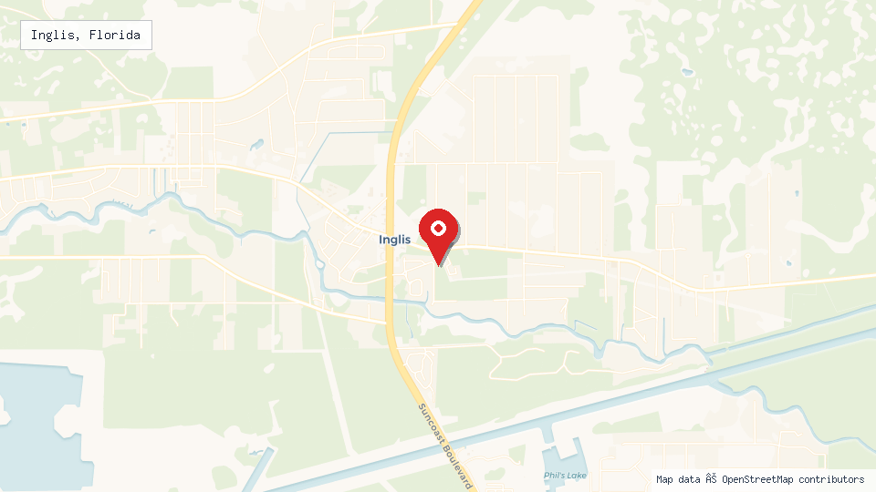 Street map of Inglis, Florida with location pin