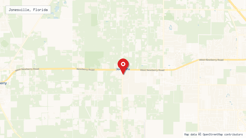 Street map of Jonesville, Florida with location pin