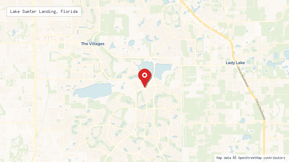 Street map of Lake Sumter Landing, Florida with location pin