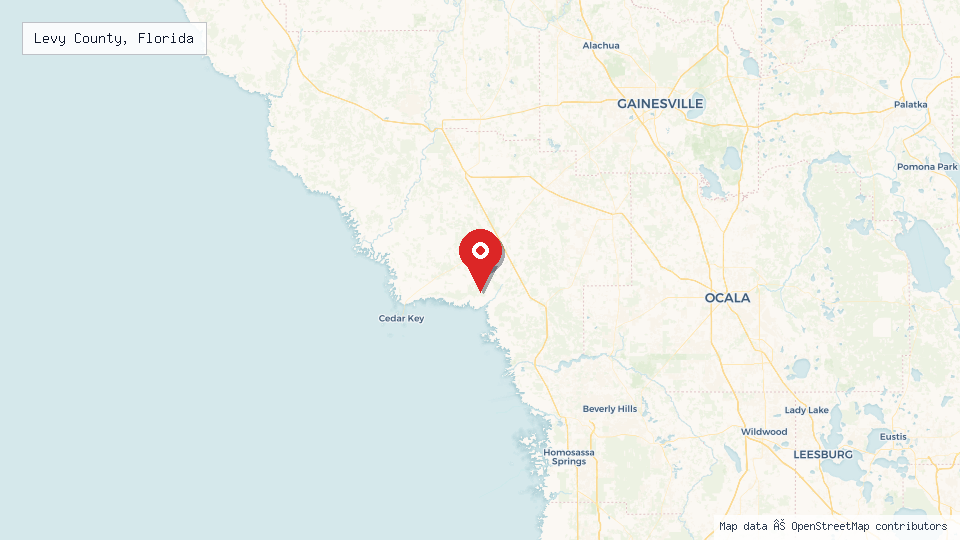 Street map of Levy County, Florida with location pin