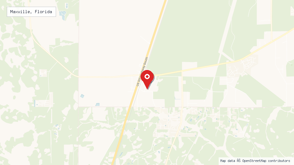 Street map of Maxville, Florida with location pin