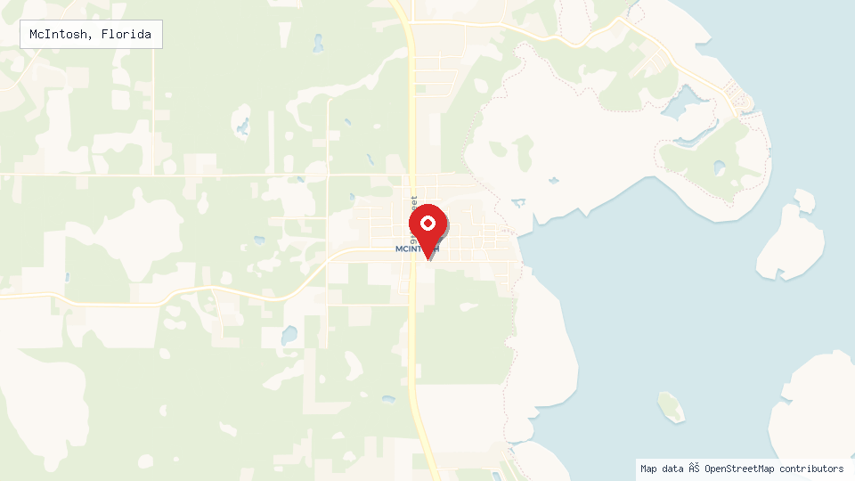 Street map of McIntosh, Florida with location pin