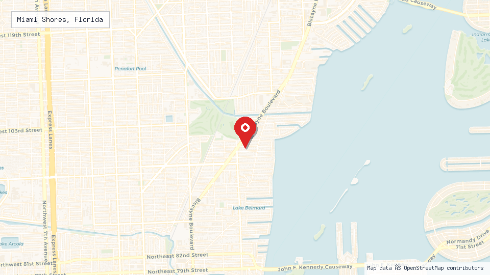 Street map of Miami Shores, Florida with location pin