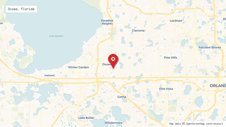 Street map of Ocoee, Florida with location pin