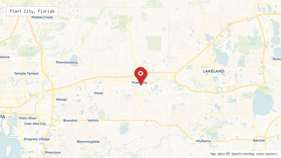 Street map of Plant City, Florida with location pin