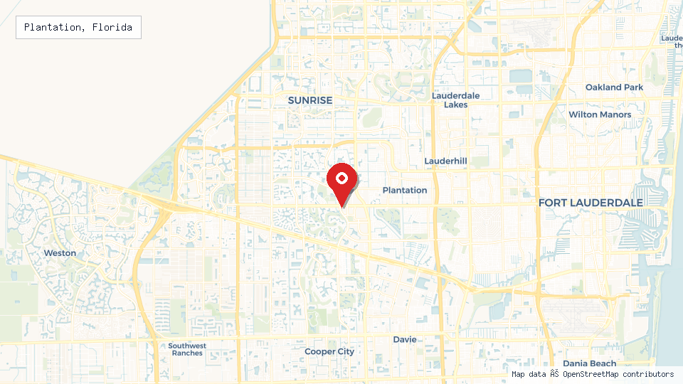 Street map of Plantation, Florida with location pin