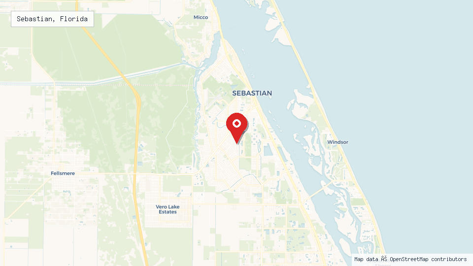 Street map of Sebastian, Florida with location pin