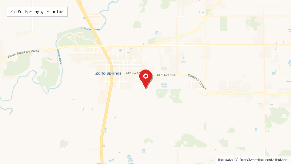 Street map of Zolfo Springs, Florida with location pin