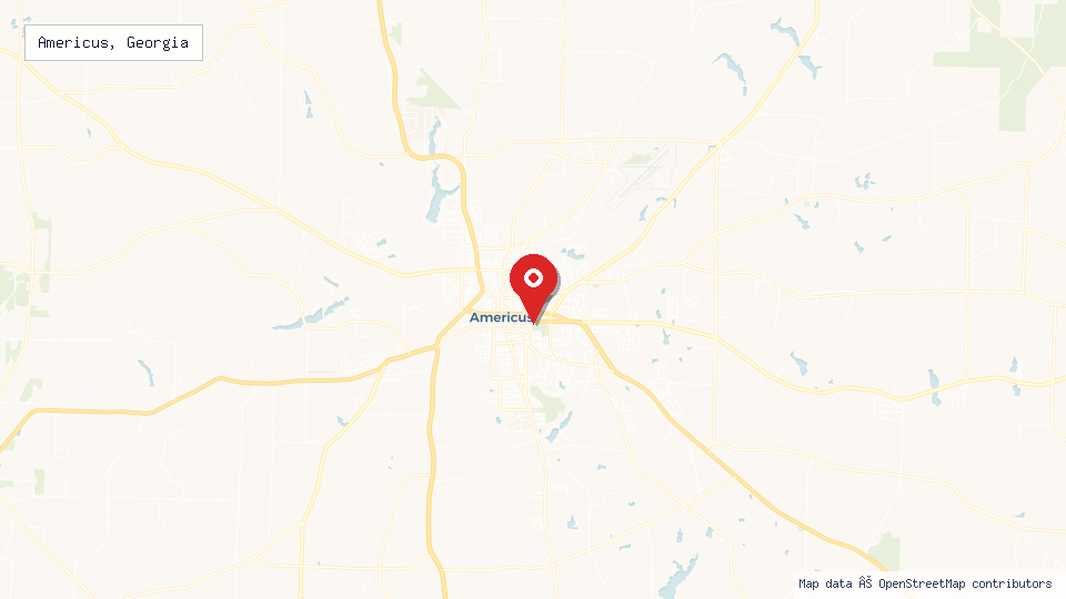 Street map of Americus, Georgia with location pin