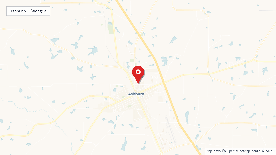 Street map of Ashburn, Georgia with location pin
