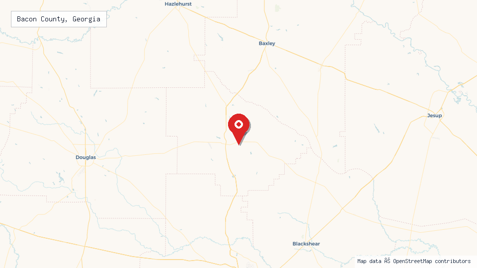 Street map of Bacon County, Georgia with location pin