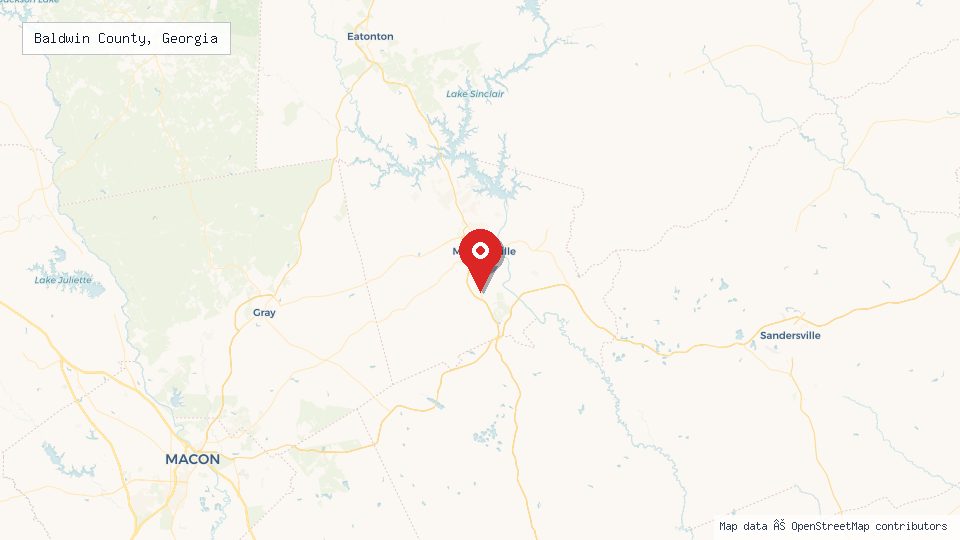 Street map of Baldwin County, Georgia with location pin