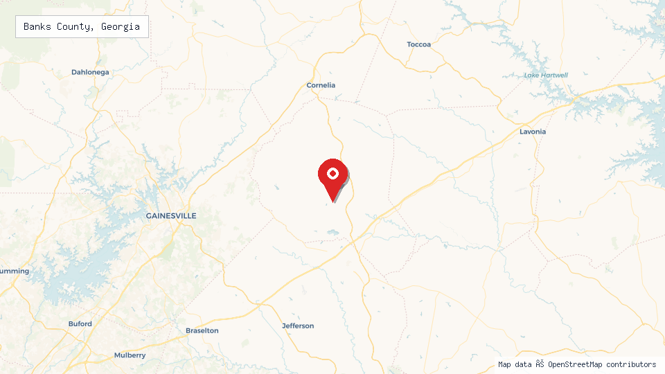 Street map of Banks County, Georgia with location pin