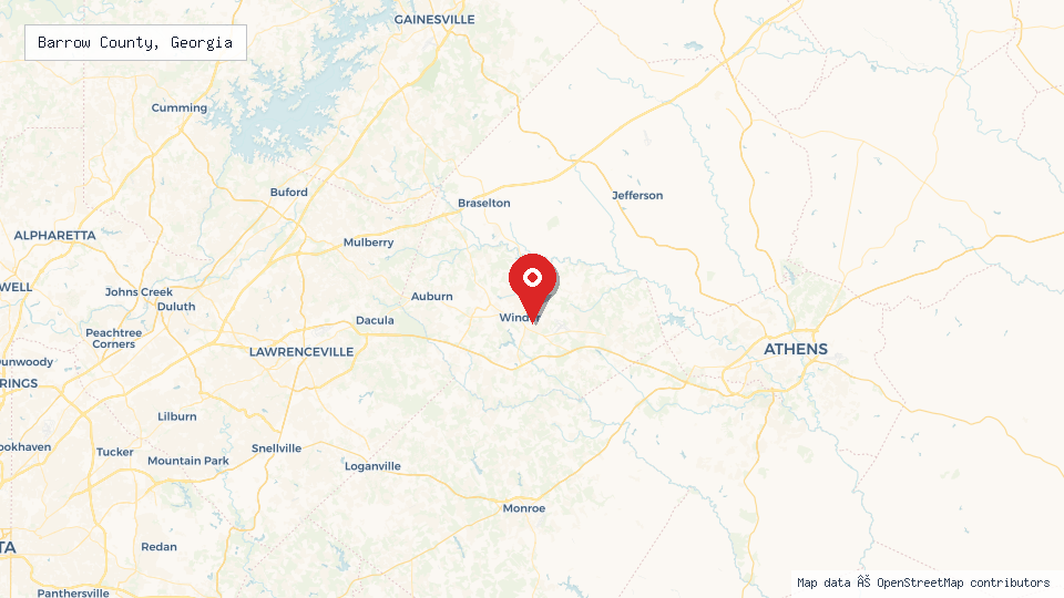 Street map of Barrow County, Georgia with location pin