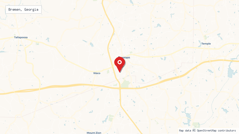 Street map of Bremen, Georgia with location pin