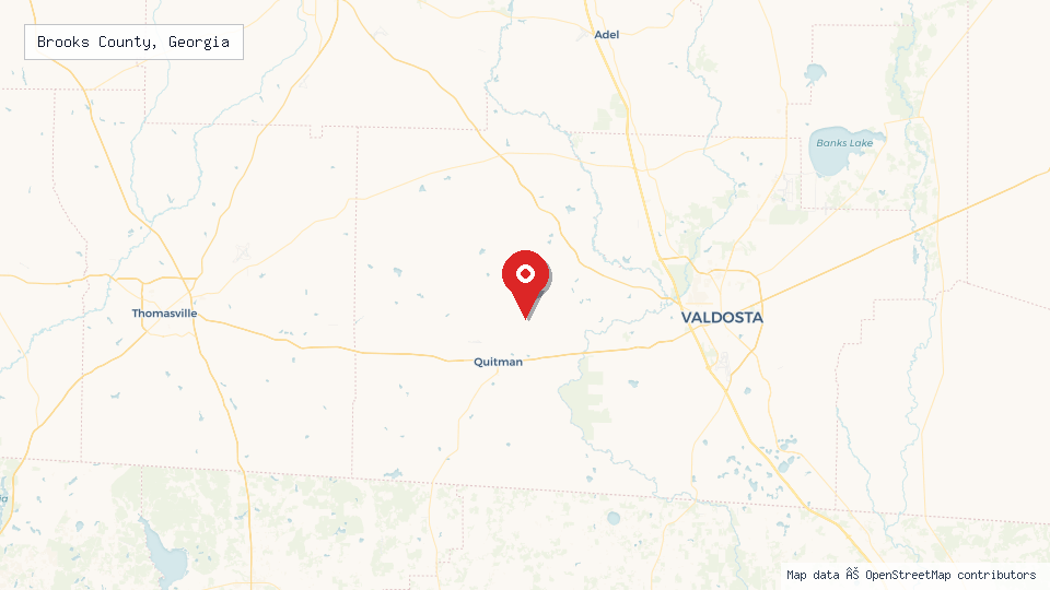 Street map of Brooks County, Georgia with location pin