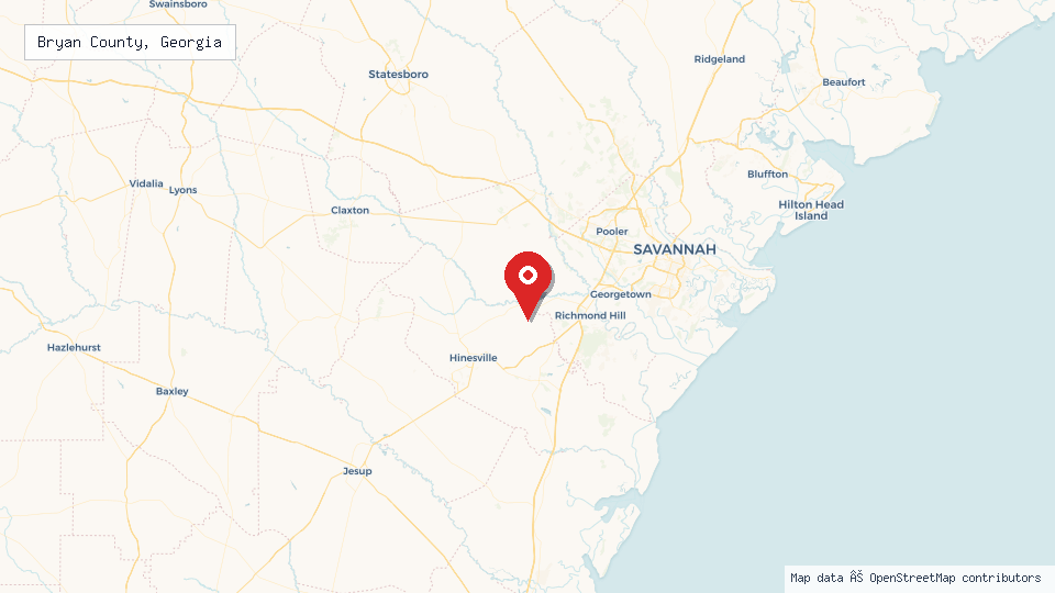 Street map of Bryan County, Georgia with location pin