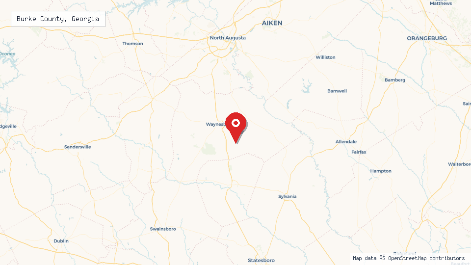 Street map of Burke County, Georgia with location pin