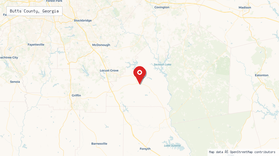 Street map of Butts County, Georgia with location pin