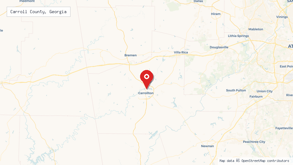 Street map of Carroll County, Georgia with location pin