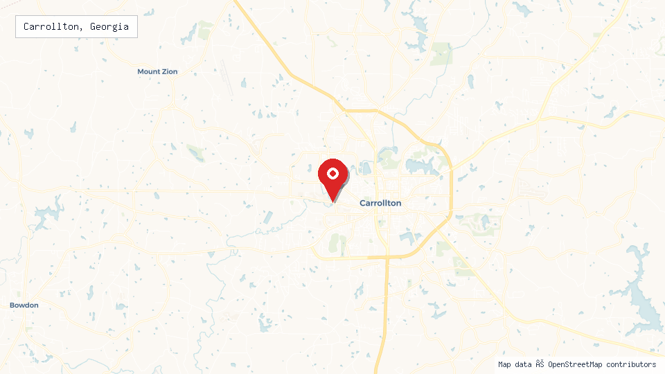 Street map of Carrollton, Georgia with location pin