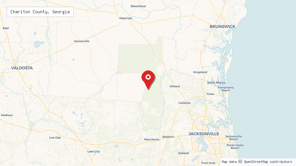Street map of Charlton County, Georgia with location pin