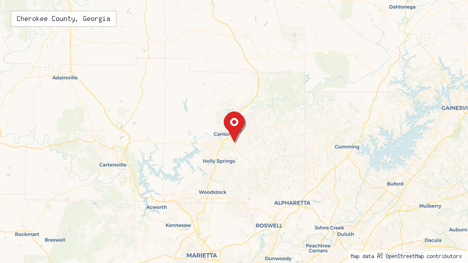 Street map of Cherokee County, Georgia with location pin