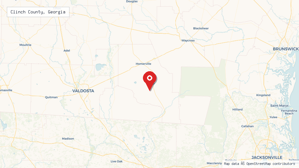 Street map of Clinch County, Georgia with location pin