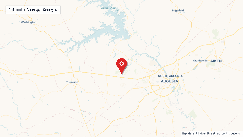 Street map of Columbia County, Georgia with location pin