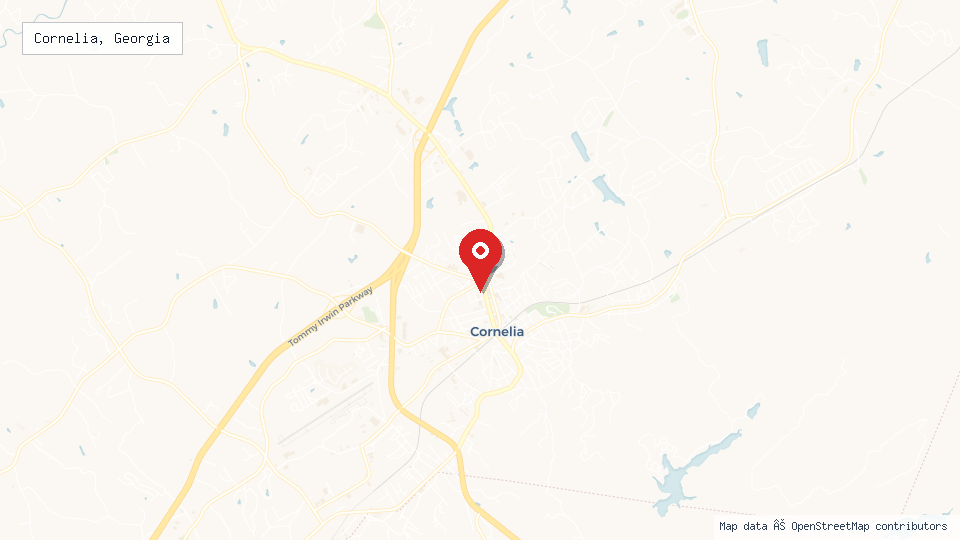 Street map of Cornelia, Georgia with location pin