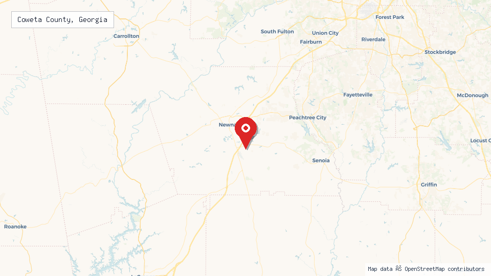 Street map of Coweta County, Georgia with location pin