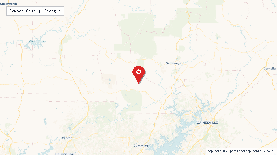 Street map of Dawson County, Georgia with location pin