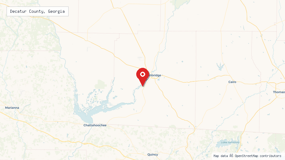 Street map of Decatur County, Georgia with location pin