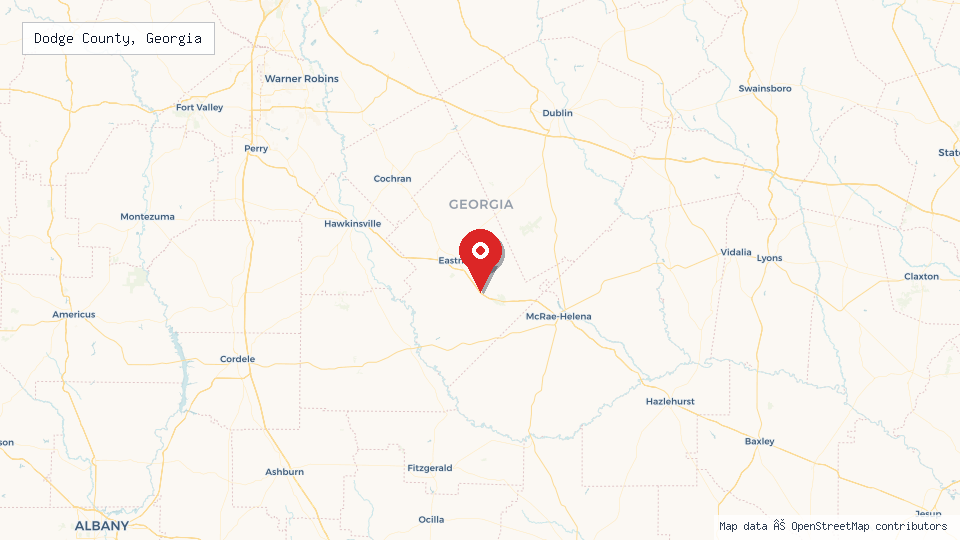 Street map of Dodge County, Georgia with location pin