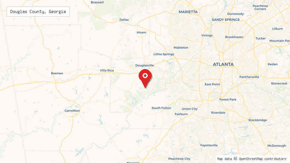 Street map of Douglas County, Georgia with location pin