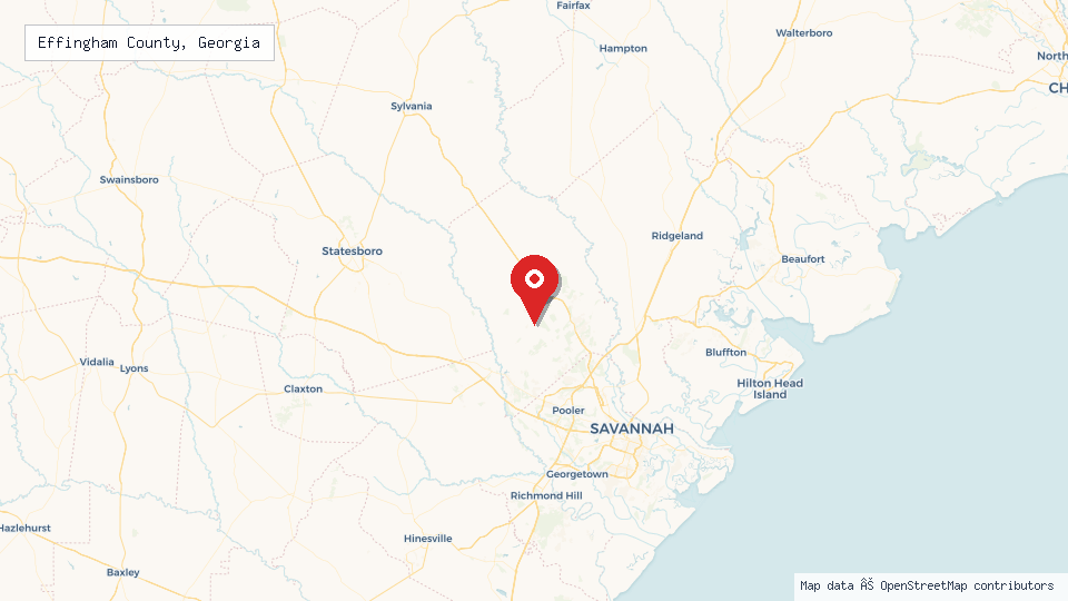 Street map of Effingham County, Georgia with location pin