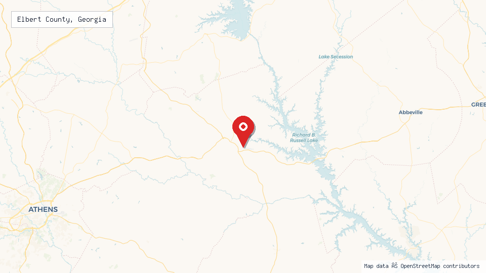 Street map of Elbert County, Georgia with location pin