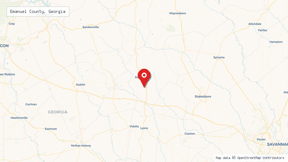 Street map of Emanuel County, Georgia with location pin