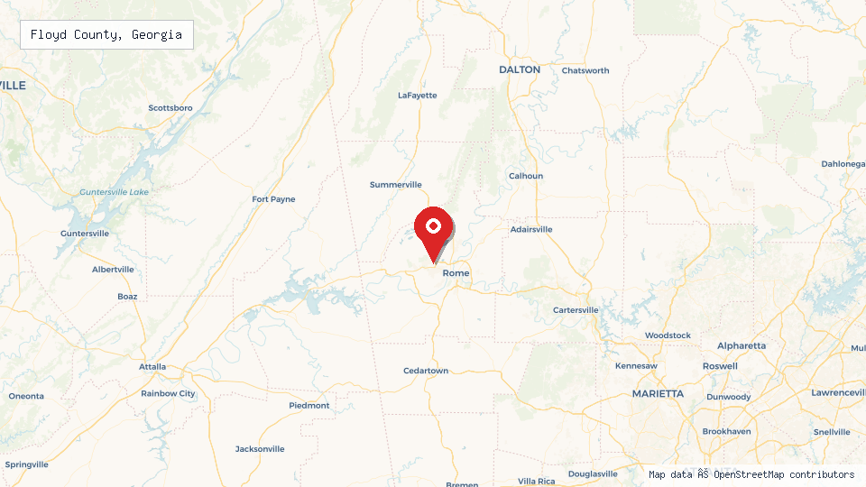 Street map of Floyd County, Georgia with location pin