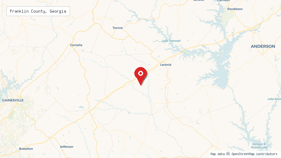 Street map of Franklin County, Georgia with location pin