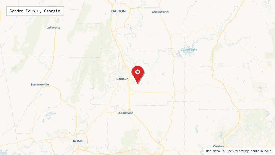 Street map of Gordon County, Georgia with location pin
