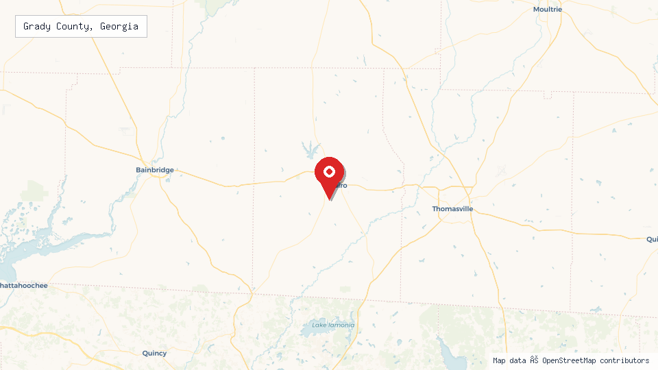 Street map of Grady County, Georgia with location pin