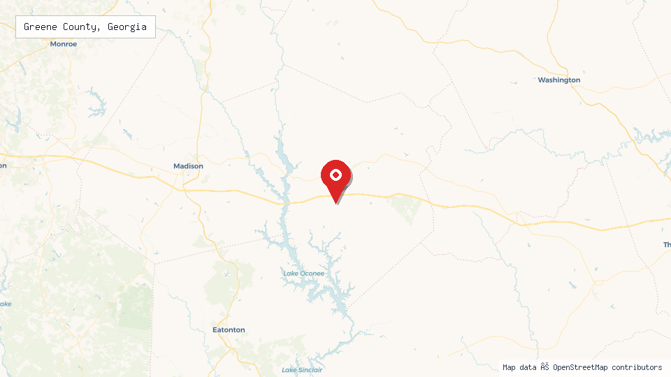 Street map of Greene County, Georgia with location pin