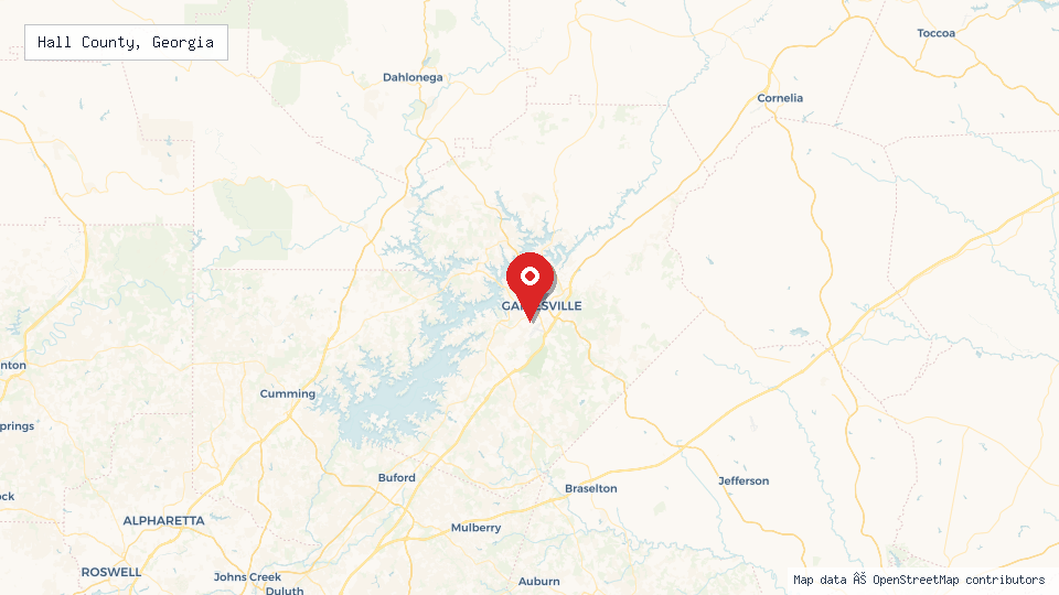 Street map of Hall County, Georgia with location pin