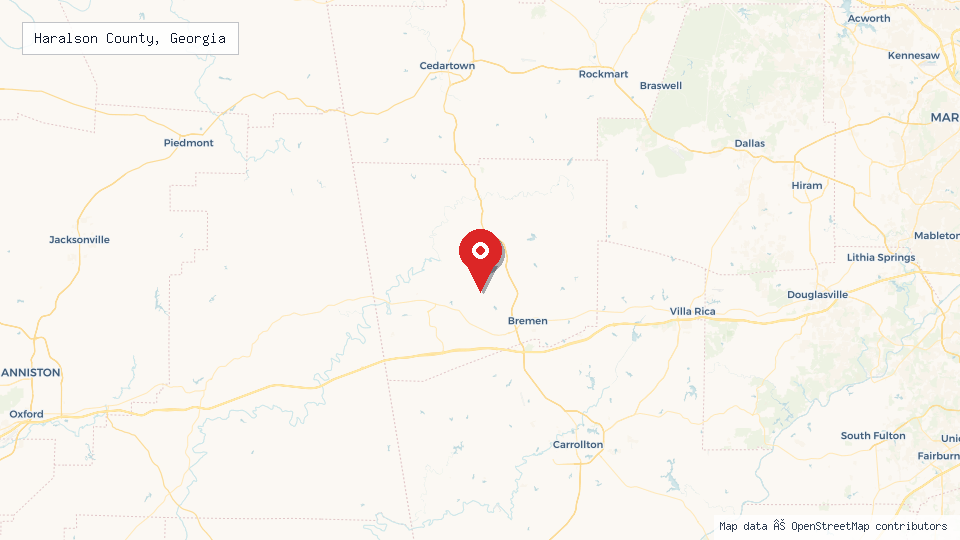 Street map of Haralson County, Georgia with location pin