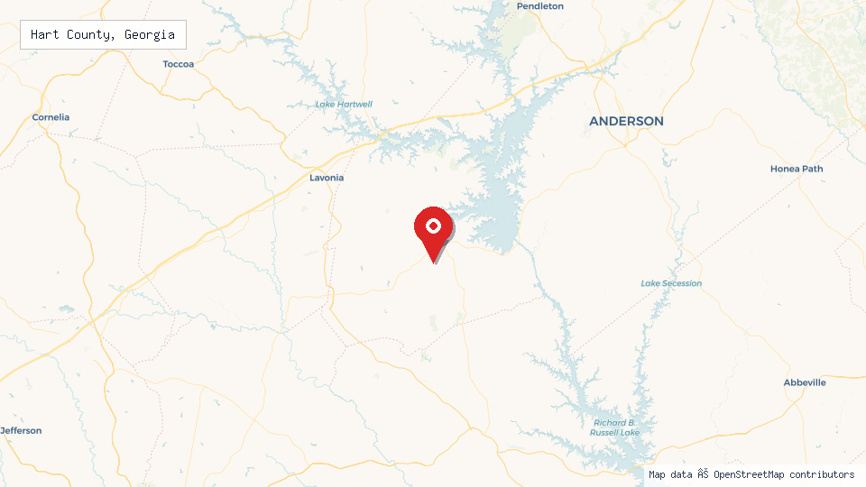 Street map of Hart County, Georgia with location pin